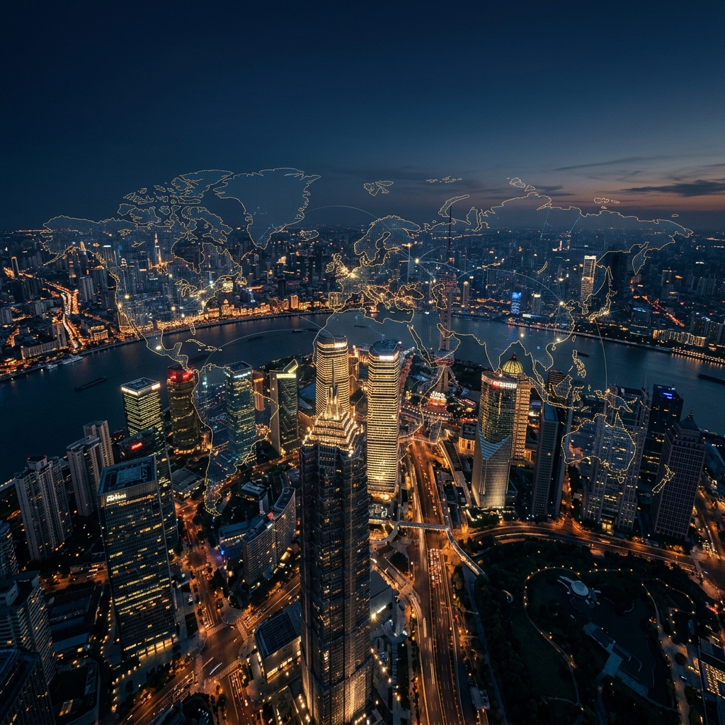 Global cityscape at twilight